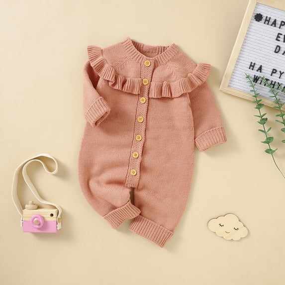 Vedolay Bodysuits for Baby Boys Fall Rompers Button Down Long Sleeve Scoop Neck One Piece Jumpsuit Adjustable Waist Shorts with Pockets,Pink 6-9 Months