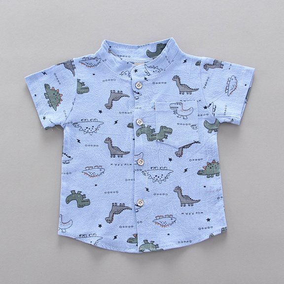 Vedolay Boy's Dinosaur Prints Short Sleeve Button Shirt and Solid Shorts Set,Blue 12-18 Months