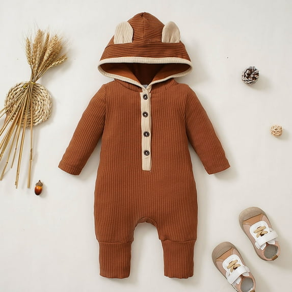 Vedolay Boy's Fall Jumpsuits Boy's Casual Striped Long Sleeve Tank Romper Lettuce Trim Belted Long Jumpsuit,Coffee 9-12 Months