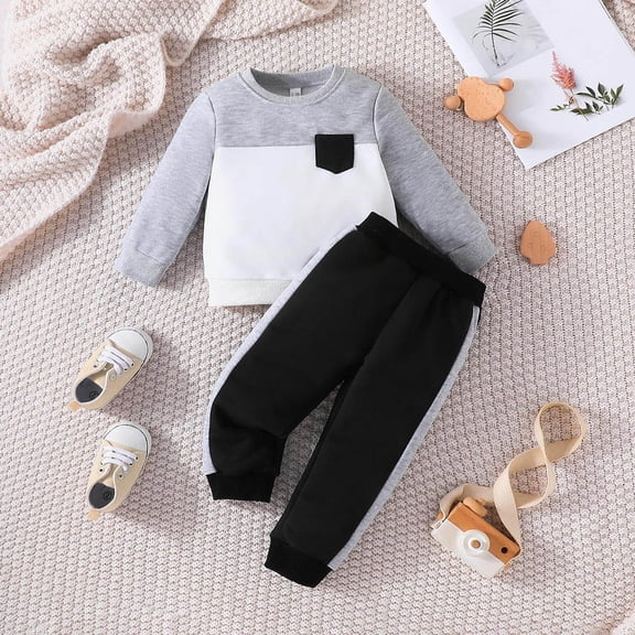 Vedolay Boy's Fall Sets Boys Fall Outfits 2 Piece Pant Sets Ruffle Sleeve Print Top and Pants,Gray 3-4 Years