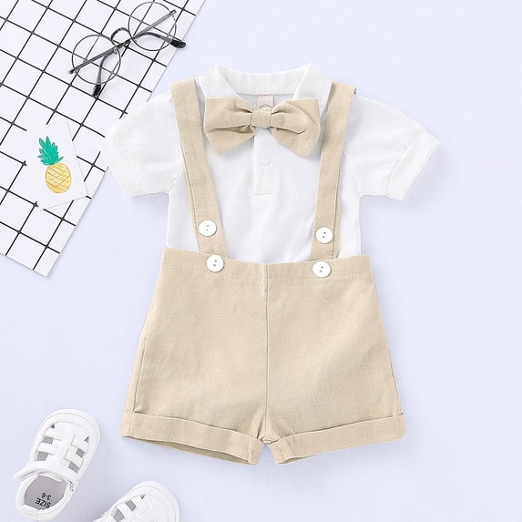 Vedolay Boy's Summer Bow Tie Button Shirt and Solid Color Shorts Fashion Outfits,Khaki 12-18 Months