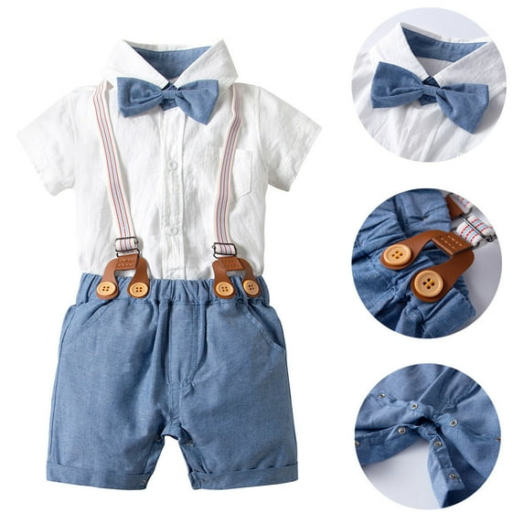 Vedolay Boy's Summer Bow Tie Solid Button Shirt and Elastic Waist Shorts Fashion Set,Blue 95/100