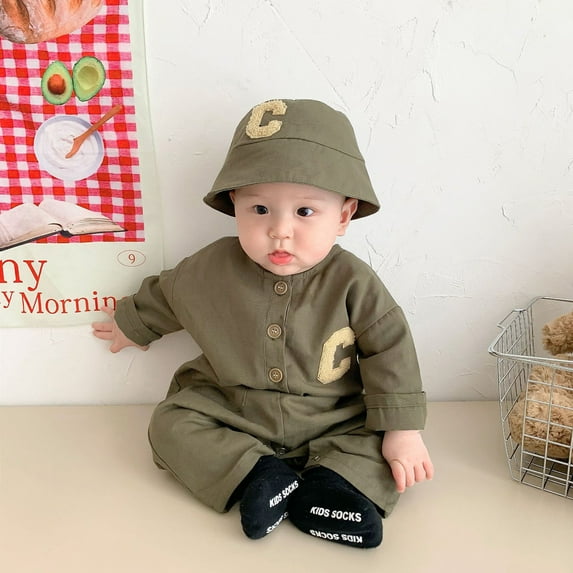 Vedolay Boys Bodysuit Boy's Floral Print Ruffle Long Sleeve Round Neck Wide Leg Jumpsuit Pants,Army Green 12-18 Months