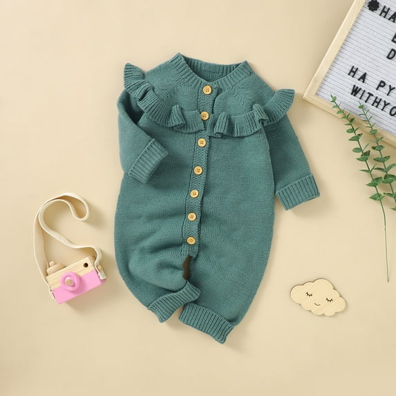 Vedolay Boys Bodysuit Boy's Ruffle Trim Floral Print Tank Romper Long Sleeve Belted Winter Long Jumpsuit,Green 3-6 Months