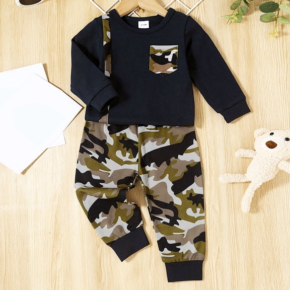 Vedolay Boys Fall Pants Set Boy's 2 Piece Outfits Graphic High Low Hem Top and Pants Set,Black 6-9 Months