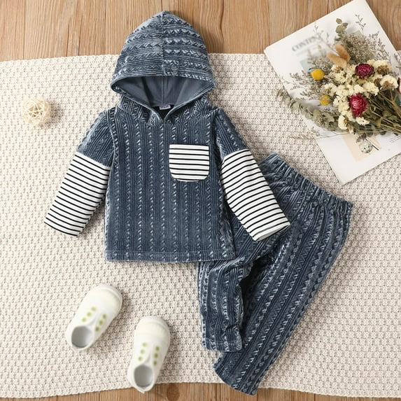 Vedolay Boys Fall Pants Set Boy's 2 Piece Outfits Striped Long Sleeve Button Up Top and Pants Set,Navy 6-9 Months