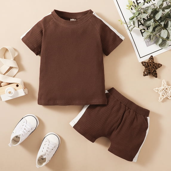 Vedolay Boys Short Set Boy's 2 Piece Outfit Knitted Solid Short Sleeve T Shirt and Track Shorts with Pocket,Orange 6-12 Months