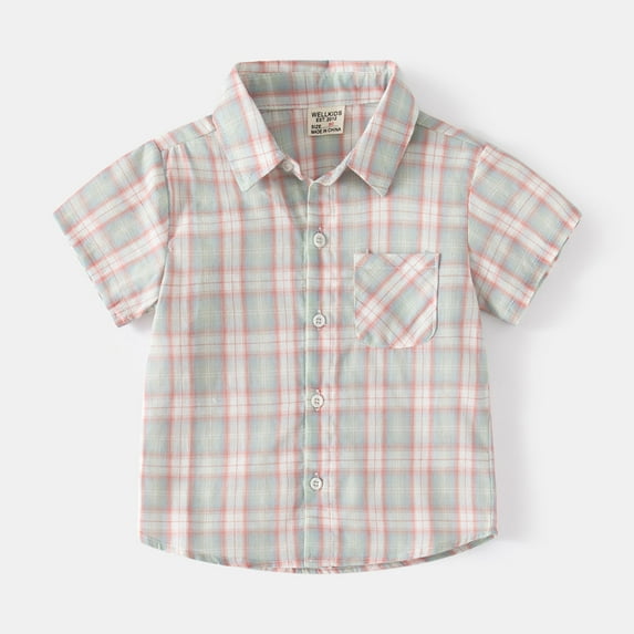 Vedolay Boys Short Sleeve Lapel Button Down Plaid Shirt with Pocket,Gray 3-4 Years