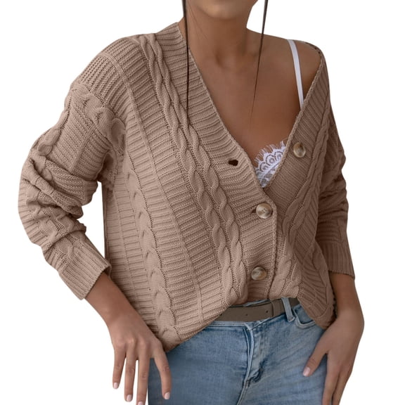 Vedolay Cardigan Sweaters for Women 2023 Open Front Cropped Cardigan Sweaters Khaki,L