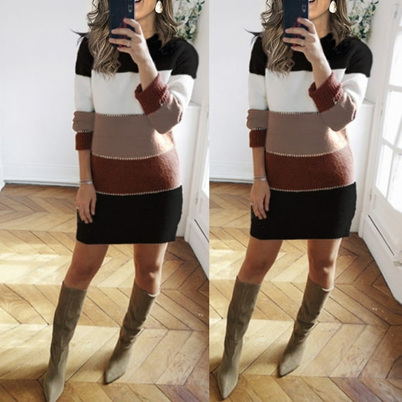 Vedolay Casual Dresses for Women Pullover Casual Long Sleeve Ribbed Knit Crewneck Loose Sweater Dresses,Brown S