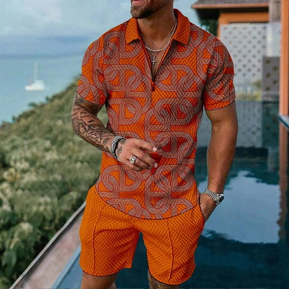 Vedolay Casual Short Sets For Men Men Set Beach Outfit Button Down Shirt and Short,Orange S