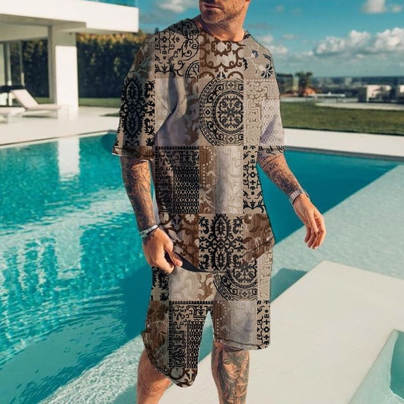 Vedolay Casual Short Sets For Men Men Short Sets 2 Piece Hawaii With Pockets Summer Casual 2023 Short Pants And T-Shirt,Khaki M