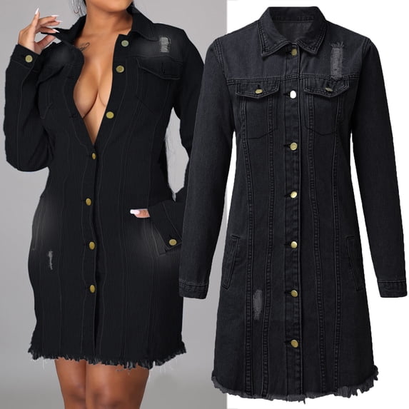 Vedolay Casual Tops for Women Women's Slim-Fit Denim Tailored Blazer Double Flap Pockets Jeans Jacket,Black XL