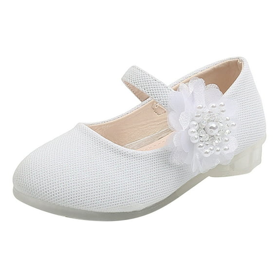 Vedolay Children Leather Single Shoes Fashion Pearl Big Flower Girl Small Leather Shoes Children Princess Shoes Big Kid Sneaker(White,9.5)