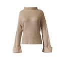thumbnail image 1 of Vedolay Cropped Sweater Women's 2023 Winter Sweaters Casual Turtleneck Long Sleeve Striped Side Slit Loose Tops,Khaki L, 1 of 4