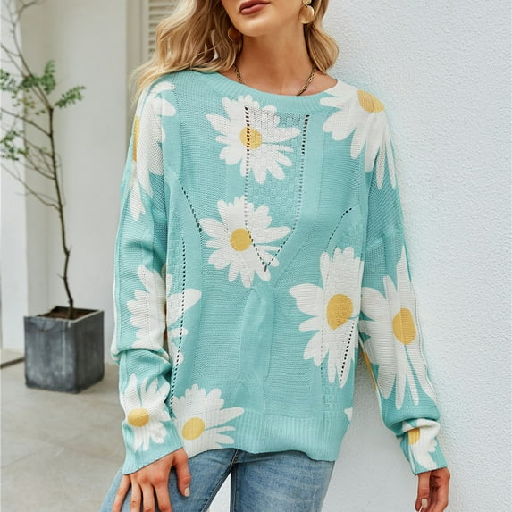 Vedolay Cropped Sweaters for Women Sweaters for Women Fall 2023 Crewneck Long Sleeve Side Slit Knit Pullover Sweater,Blue L