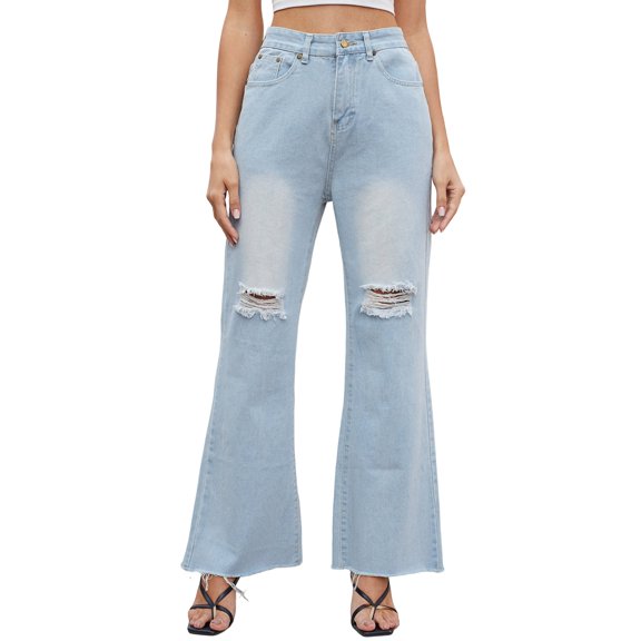 Vedolay Denim Pants for Women Casual Ripped Hole Pull On Hem Jeans Sky Blue,XL