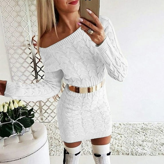 Vedolay Dress Womens V Neck Sweater Dresses Long Sleeve Ruffle Knitted Mini Sweater Dress,White S