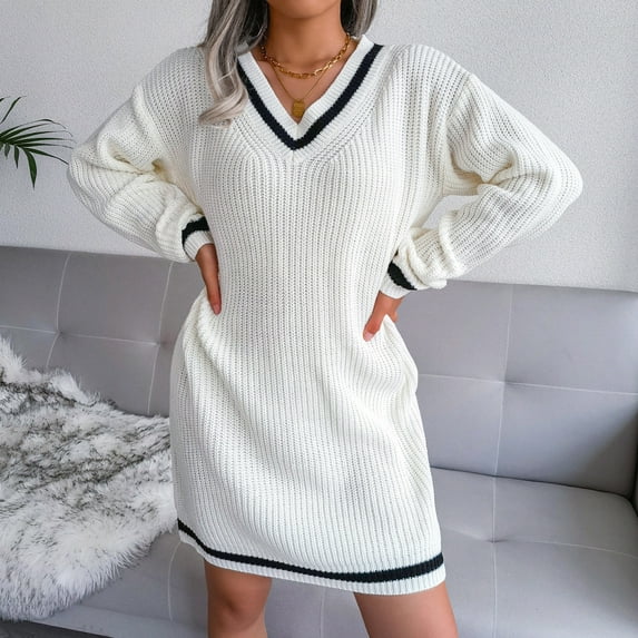 Vedolay Dresses for Women 2023 Women's Long Sleeve Slim Fit Ribbed Knit Sweater Dress with Belt,White M