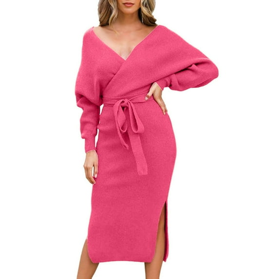 Vedolay Fall Dresses 2023 Womens 2023 Fall V Neck Long Lantern Sleeve Knit Pullover Casual Sweater Dress,Pink L