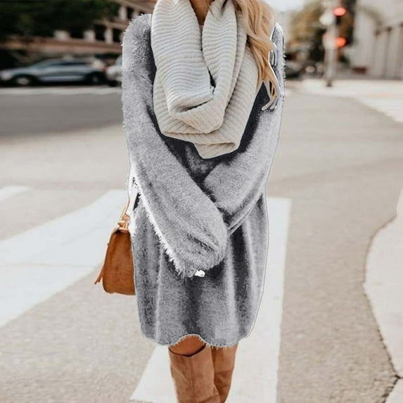 Vedolay Fall Dresses Womens Neck Ribbed Long Sleeve Pullover Cute Mini Sweater Dress,Gray S