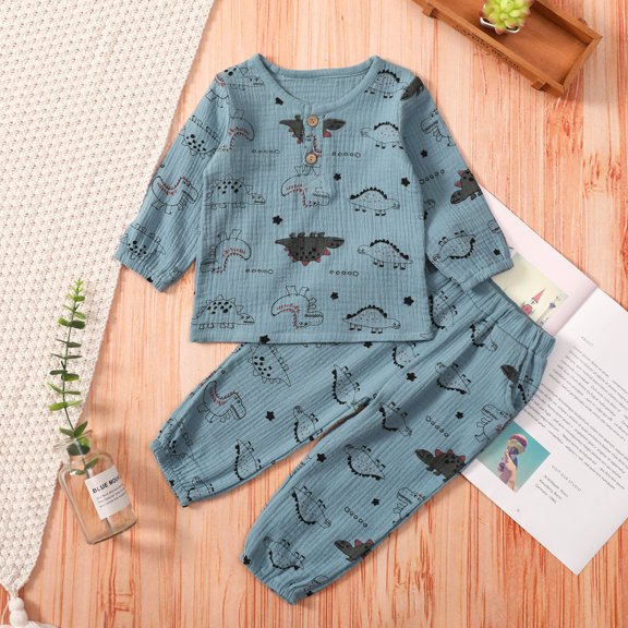 Vedolay Fall Outfits for Boy Fall Outfits 2 Piece Pant Sets Ruffle Sleeve Print Top and Pants,Blue 12-18 Months