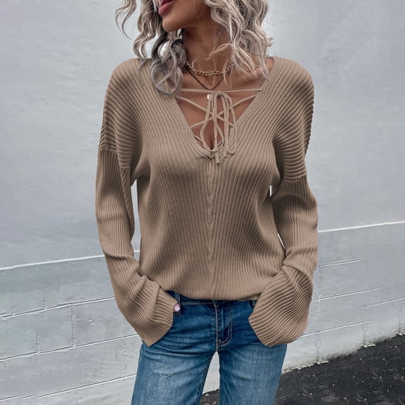 Vedolay Fall Sweaters for Women 2023 Fall Tops 2023 Fashion V Neck Long Sleeve Knitted Casual Sweater,Brown XL