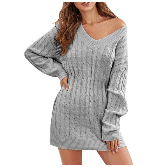 Vedolay Floral Dress Sweater Dress for Women Knit Ribbed A-Line Fitted Pullover Sweaters Dresses,Gray L