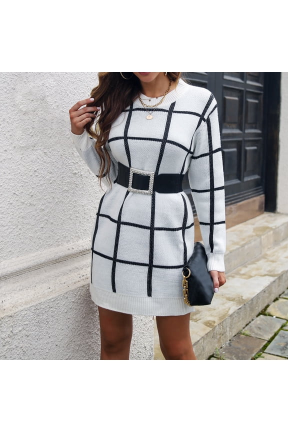 Floral Dress Women's Long Sleeve Turtleneck Sweater Dresses Knitted Bodycon Midi Casual Dresses,White S