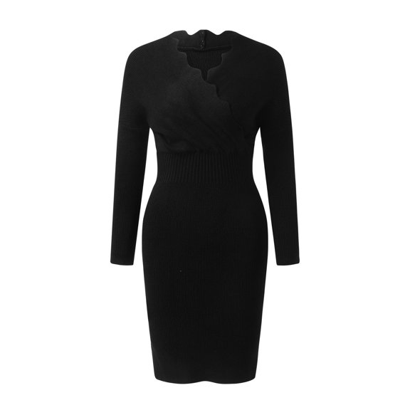 Vedolay Floral Dress Womens V Neck Sweater Dress Soild Long Sleeve Flared Fashion Dresses,Black S