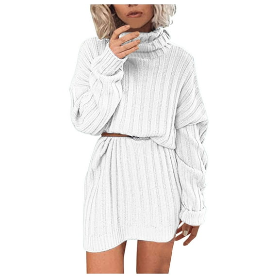 Vedolay Formal Dress Women's Ribbed Knit Casual Long Sleeve V Neck Pleated A Line Long Sweater Dress,White M