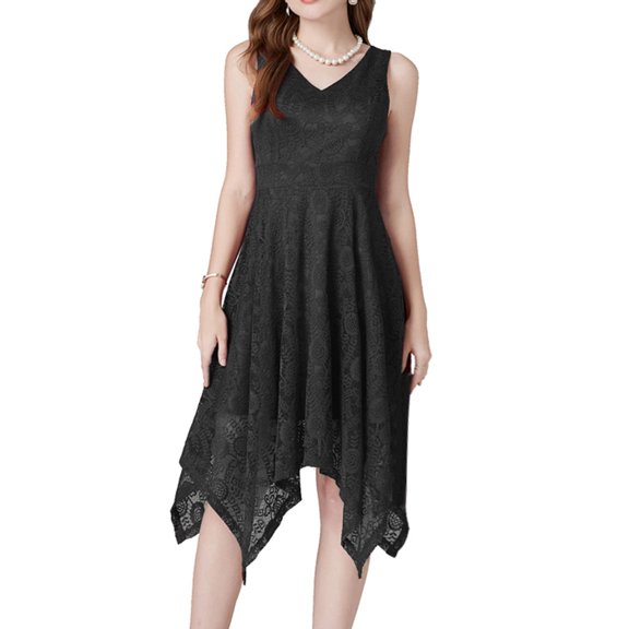 Vedolay Formal Dresses For Women Women Floral Lace Bridesmaid Party Dress Short Prom Dress V Neck,Black S