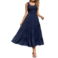thumbnail image 1 of Vedolay Free People Dress Women's Summer Striped Ruffle Sleeves Tie Waist Pockets Casual Swing Midi Dress,Navy L, 1 of 5