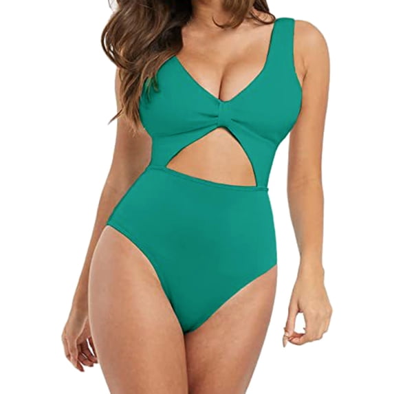 Vedolay Full Coverage Swimsuits For Women One Piece Swimsuit for Women Bathing Suit V Neck O-Ring Back Cutout Solid Color Adjustable Straps,Green XL