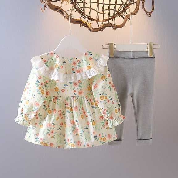 Vedolay Girl Casual Sets Girl's 2 Piece Casual Outfits Button Down Long Sleeve Shirt Tops and Pants Set,Gray 18-24 Months