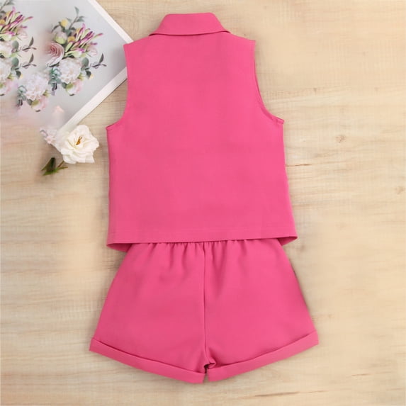 Vedolay Girl Shorts Sets Casual Girls Short Set 2 Piece Kids Short Sleeve Top and Belted Shorts Set with Pocket,Red 1-2 Years