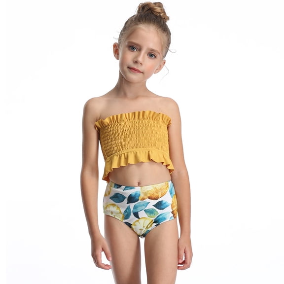 Vedolay Girl Swimsuits 3 Piece Swimsuits Little Girls Leaves Print Bathing Suit with Skirt Children Backless Bikini Set Kids Swimwear Cute,Yellow 10-12 Years
