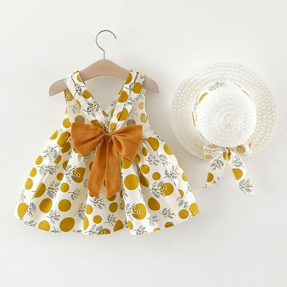 Vedolay Girl's Dot Print Sleeveless V Neck Formal Dresses with Hat,Yellow 70