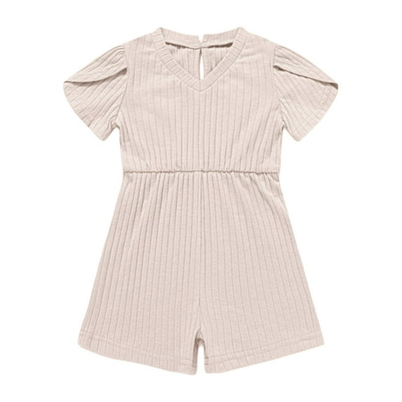 Vedolay Girl's Summer Cute Short Sleeved Crew Neck Solid Color Jumpsuit,Beige 3-4 Years