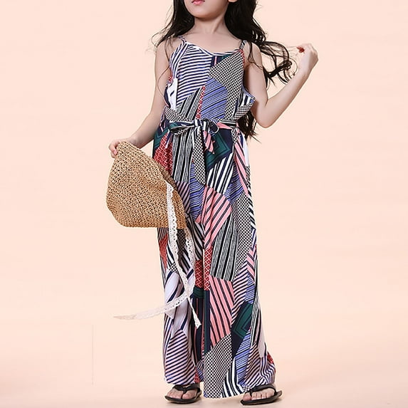 Vedolay Girl's Summer Print Sleeveless Crew Neck Loose Jumpsuit with Belt,Gray 5-6 Years