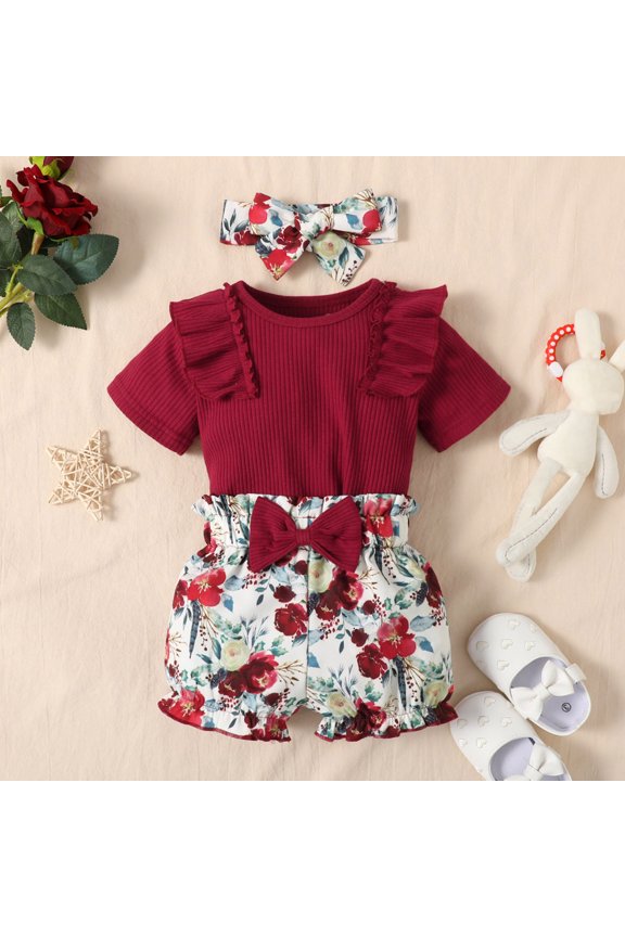 Girl's Summer Shorts Sets Girl's 2 Pieces One Shoulder Ribbed Tank Top and Floral Print Shorts Set,Red 12-18 Months