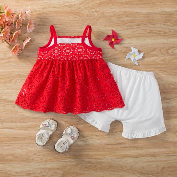 Vedolay Girl's Summer Shorts Sets Girls 2 Piece Outfits Shirt Shorts Set Short Sleeve Summer Clothes with Pockets,Red 3-6 Months