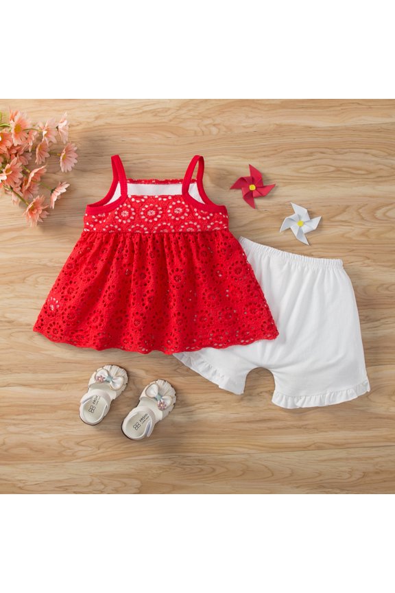 Girl's Summer Shorts Sets Girls 2 Piece Outfits Shirt Shorts Set Short Sleeve Summer Clothes with Pockets,Red 3-6 Months