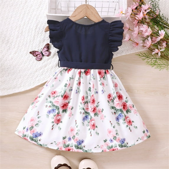 Vedolay Girl's Summer Sleeveless Crew Neck Floral Print Button Dress with Belt,Z4-Blue 3-4 Years