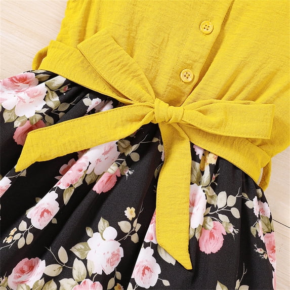 Vedolay Girl's Summer Sleeveless Crew Neck Floral Print Button Dress with Belt,Z4-Yellow 5-6 Years