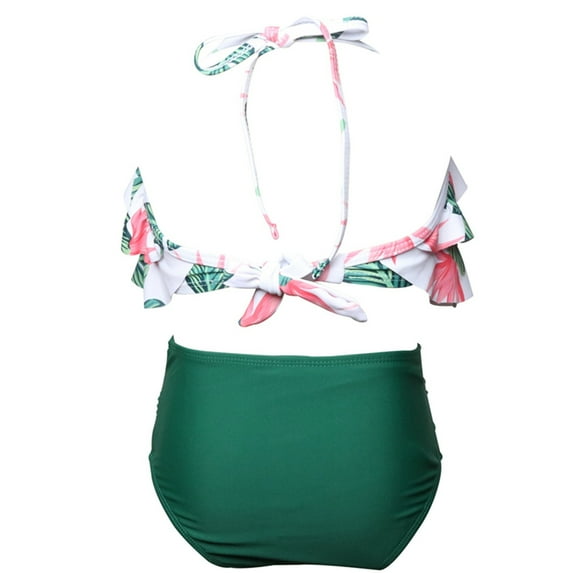 Vedolay Girl's Summer Two Pieces Ruffles Floral Print Lace-up Bathing Swimsuit,Green 4-5 Years