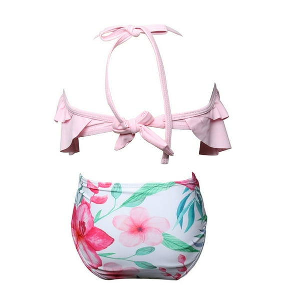 Vedolay Girl's Summer Two Pieces Ruffles Floral Print Lace-up Bathing Swimsuit,Pink 5-6 Years