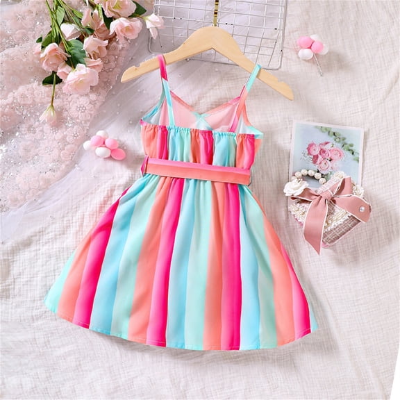 Vedolay Girl's Thin Straps Sleeveless Striped Colorful Dress with Bow Belt,Pink 18-24 Months