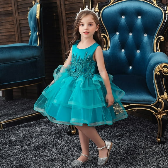 Vedolay Girls Elegant Sleeveless Crew Neck Floral Lace Princess Dress,Blue 9-10 Years