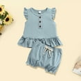 thumbnail image 1 of Vedolay Girls Sets Girl's 2 Piece Outfits Rib Knit Notched Neck Crop Tank Top and Floral Belted Shorts Set,Light Blue 18-24 Months, 1 of 2
